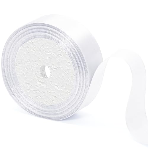 Qjaiune White Satin Ribbon 1 Inch x 25 Yards, Wedding Bouquet Pink Silk, Silky Polyester Shiny Fabric for Hair Gift Wrapping Flower Bouquet Crafts Sewing