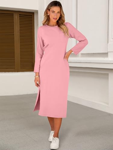 Image of ANRABESS Womens 3 /4 Sleeve Midi T Shirt Fall Dresses | Striped Solid Floral,Long Sleeve Slit Crew Neck &Chest Pocket,2026 Fall Outfits,Casual Travel Vacation Clothes,Summer Spring