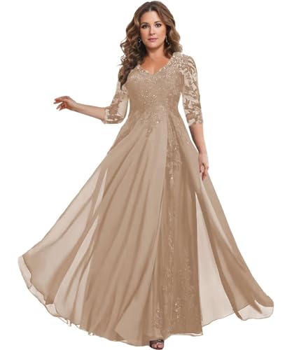 3/4 Sleeve Mother of The Bride Dresses Plus Size - Lace Chiffon V-Neck Long Mother of The Groom Dresses for Women