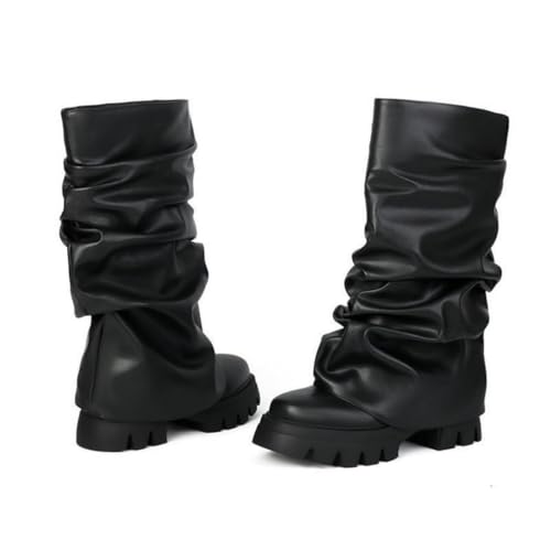 Women's Folding Boots Wide Calf Pleated Platform Boots Round Toe Thick Heel Stacked Boots2