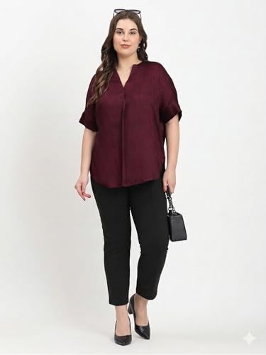 Image of SINDOORI Relaxed Fit Tops for Women Plus Size Solid Printed Mandarin Collar, Band Collar, V-Neck Top, Half Sleeve Loose Fit