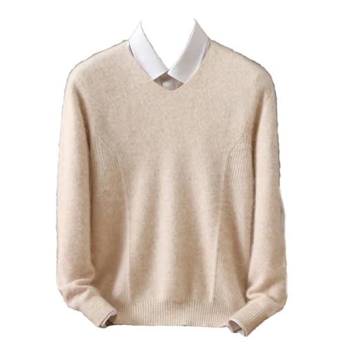Men's Cashmere Sweater V-Neck Pullovers Knit Sweater Autumn and Winter Long Sleeve Jumpers Tops Beige