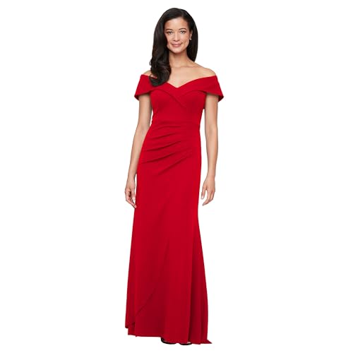 Image of Alex Evenings Women's Off the Shoulder Stretch Crepe Dress with Fishtail Back, Floor Length Mother of the Bride Dress