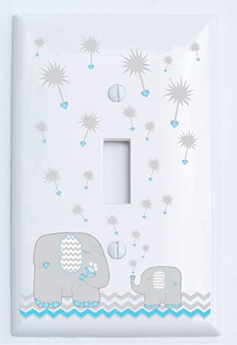 Single Toggle Blue and Grey Dandelion Elephant Light Switch Plates Covers/Elephant Nursery Decor (Blue Dandelion Elephant Swith Plate)
