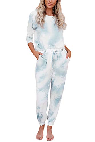 Meenew Tie Dye Sweatsuit for Women 2 Piece Loungewear Long Sleeve Top Joggers Pants Set Turquoise M