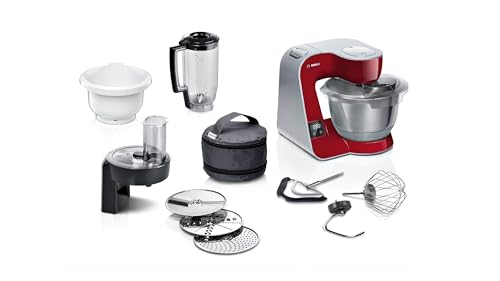 Bosch Robot de cocina Serie 4 MUM5X734, báscula integrada, cuenco de acero inoxidable de 3,9 L, accesorio mezclador de 1,25 L, cuenco de plástico, agitador planetario, juego de agitación, picadora de