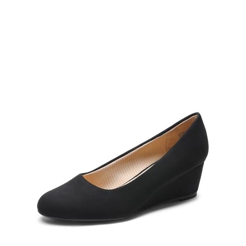 DREAM PAIRS Women's Low Wedges Heels Closed Round Toe Pumps Comfortable Slip On Dress Work Wedding Shoes 9.5 Black-suede