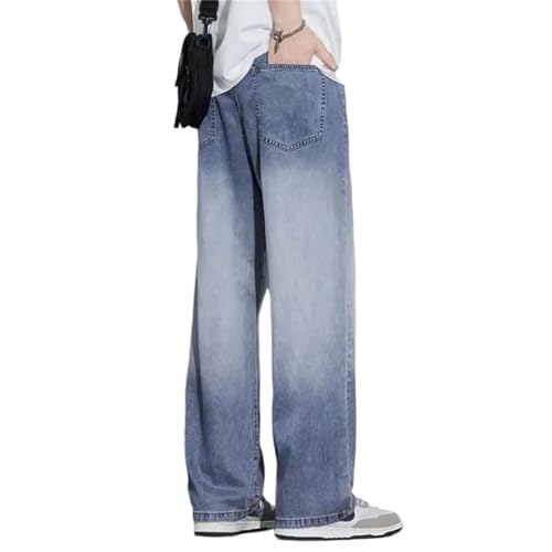 Men's Tencel Jeans Summer Loose Straight Wide Leg Denim Pants Gradient Polished Casual Trousers