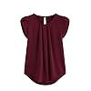 Milumia Womens Casual Round Neck Basic Pleated Top Shirt Curved Keyhole Back Blouse (Burgundy, Large, Cap Sleeve)