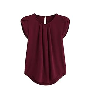 Milumia-Womens-Casual-Round-Neck-Basic-Pleated-Top-Cap-Sleeve-Curved-Keyhole-Back-Blouse Milumia Womens Casual Round Neck Basic Pleated Top Shirt Curved Keyhole Back Blouse (Burgundy, Large, Cap Sleeve)