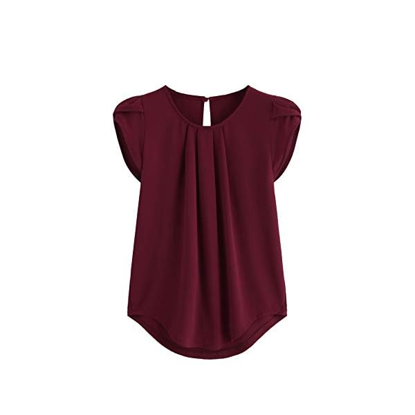 Milumia Womens Casual Round Neck Basic Pleated Top Shirt Curved Keyhole Back Blouse (Burgundy, Large, Cap Sleeve)