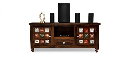 Image of Solid Sheesham Wood TV Entertainment Unit 1 Drawer 2 Door Cabinet with Handcrafted Multicolor Tile Design (Natural)