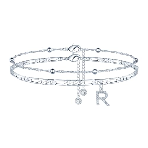 Image of Ursteel Ankle Bracelets for Women, 14K Gold Plated Dainty Layered Chain CZ Initial Anklets Summer Jewelry Gifts for Women