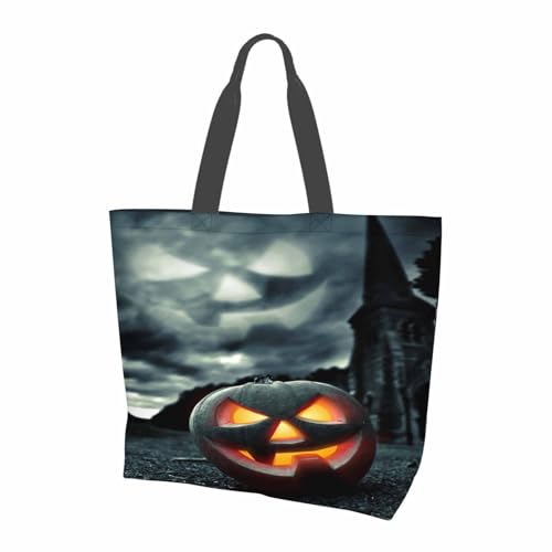 FWJZDSP Elegante bolso de lona para mujer y niña, bolso de mano de lona con diseño de cementerio de calabaza, ligero y mediano, reutilizable