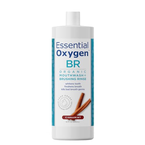 Essential Oxygen BR Organic Brushing Rinse and Mouthwash Cinnamint 32 fl oz for Whiter Teeth Fresher Breath and Happier Gums Alcohol-Free Oral Care (Pack of 1)