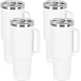 4 Pack 40 Oz Tumbler with Handle and Straw, Stainless Steel Double Wall Vacuum Insulated Cup, 40 OZ Travel Coffee Mug Bulk with Silicone Water Bottle Boot(White)