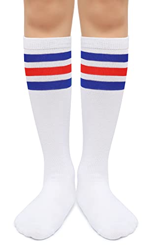 Henwarry Kids Over the Calf Tube Socks Classical Stripes Cotton Soft Athletic Socks for Boys Girls (US, Alpha, Medium, Regular, A03-Blue/Red/White)