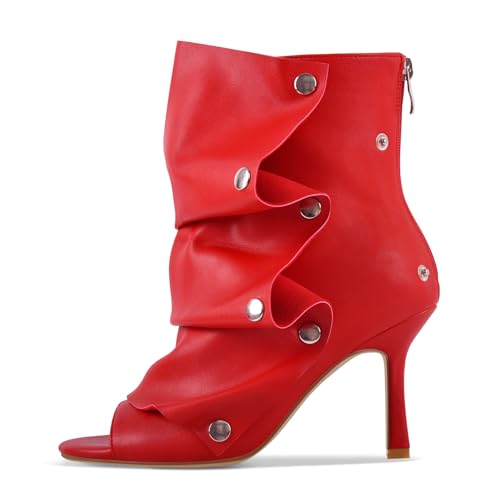 sexytag Women's Peep Toe Booties Slouchy Stiletto Kitten Heel Shark Boots Open Toe Back Zipper Fashion Ankle Short Boot2