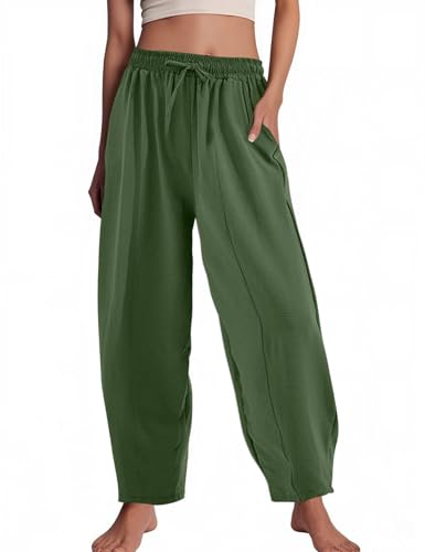 Flygo Women's Wide Leg Baggy Pants Casual Elastic High Waisted Palazzo Harem Slacks Ankle Length Loose Trousers with Pockets