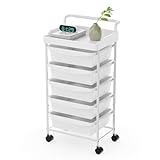 5 Tier Rolling Cart with 5 Drawers, Utility Cart with Drawers and Tabletop, Multipurpose Rolling Storage Cart Storage Drawer Cart Organizer with Lockable Wheels for Home Office School, White