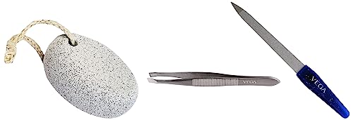 Vega Oval Shaped Pumice Stone, White&Vega Tweezer, Square Tip – 1 Pc&Vega Nail File (Small), 1 Pc