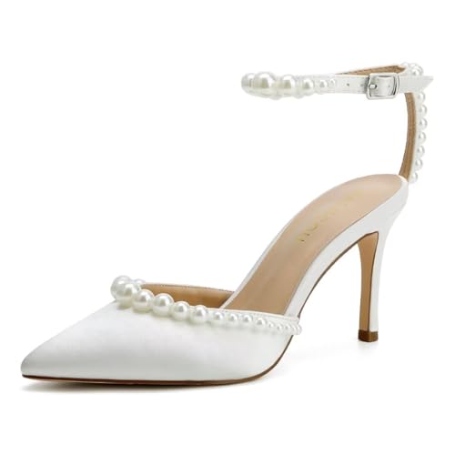 High Heel Wedding Shoes for Bride Pointed Toe Bridal Shoes Pearl Heels Ankle Strap Wedding Pumps