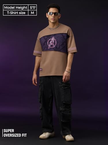 Image of The Souled Store Marvel Indie: Logo Men and Boys Short Sleeves Round Neck Embroidered Drop Shoulder Baggy Casual Streetwear Superheroes Inspired Cotton Super Oversized T-Shirt