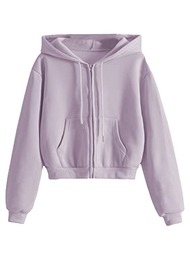 MAKEMECHIC Women's Casual Thermal Zip Up Crop Hoodie Hooded Sweatshirt Lilac Purple XL