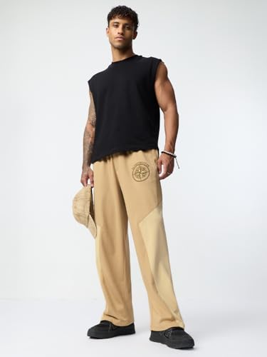 Image of The Souled Store Wanderlust Men and Boys Drawstring Waist Beige and Cream Color-Block Fleece Relaxed Fit Lightweight Embroidered Joggers