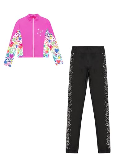 Kids Girls Skating Workout Gymnastics Outfits Zipper Jacket Shirts with Shiny Rhinestones Skinny Pants Set4