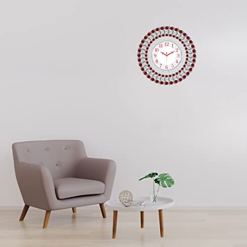 Image of CHRONIKLE Stylish Floral Design Crystal Round Analog Diamond Studded Metal Wall Clock for Living Room Home Decorations Office Gifts (Size: 37 x 5 x 37 CM | Color: Red | Weight: 830 Gram)