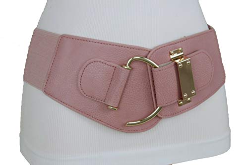 TFJ Women Western Stretch Fashion Belt Big Gold Metal Hook Buckle S M Light Pink Color3
