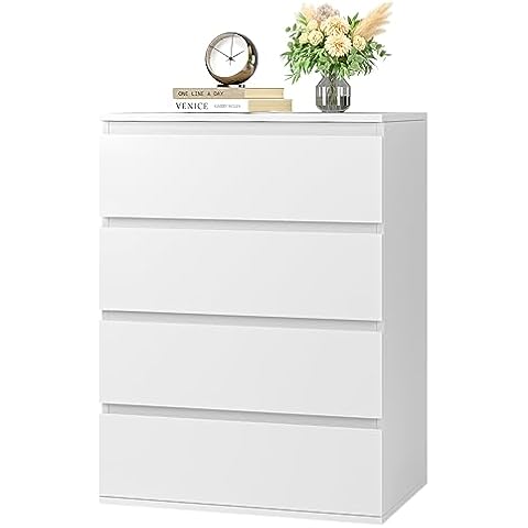 FOTOSOK 4 Drawer Dresser, White Dresser Modern Storage Chest of Drawers 23.6L x 15.7W x 31.5H in, White Dresser Storage Cabinet with 4 Drawers for Home Office, White Cover