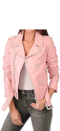 Women's Genuine Lambskin Leather Belted Biker Jacket Baby Light Pink Motorcycle Jacket