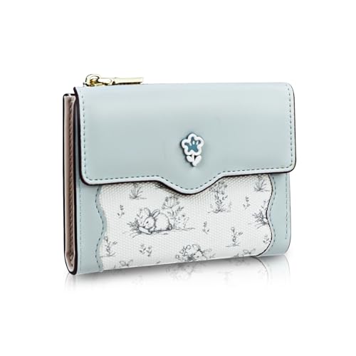 Andiker Small Wallet for Women, Trifold PU Leather Zipper Wallet, Rabbit and Floral Decoration Cute Coin Purse (Blue) - Main Image