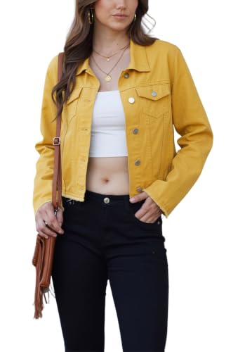 Anienaya Jean Jacket Women’s Frayed Washed Button Up Cropped Denim Jacket w 2 Side Pockets (Small, Yellow)