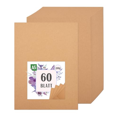 60 Blätter Kraftpapier A5 Set, 14,8 X 21 Cm, 200g, Aolkee Karton für Handwerk Hochzeitseinladungen, Karton Handwerk, Druckerpapier A5, Braun 60 Blätter Kraftpapier A5 Set, 14,8 X 21 Cm, 200g, Aolkee Karton für Handwerk Hochzeitseinladungen, Karton Handwerk, Druckerpapier A5, Braun