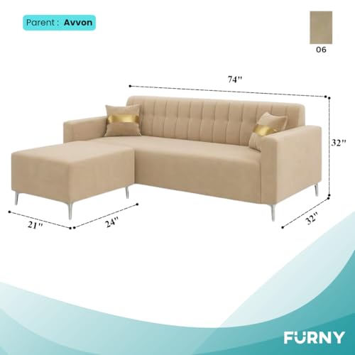 Image of FURNY Regan 4 Seater L Shape Sofa Set with Movable Ottoman | Flexible Left or Right Layout | Plush Velvet Fabric (Beige) | Perfect for Living Room, Guest Room & Office