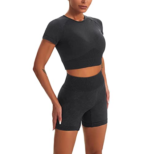 Abociw Workout Sets For Women 2 Piece Seamless Acid Wash High Waist Running Shorts + Compression Short Sleeve Crop Top Gym Clothes Tracksuit Fitness Sportswear Black Small #TOP28