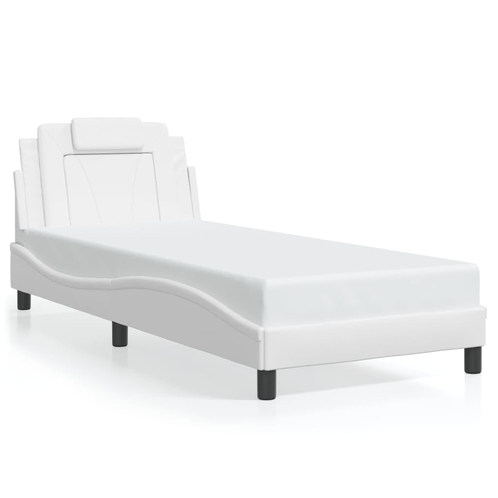 Estructura de cama Viana con LED completamente blanco, 90 x 200 cm, piel sintética, cabecero de madera contrachapada y metal, diseño ondulado, moderno, cama tapizada para jóvenes y