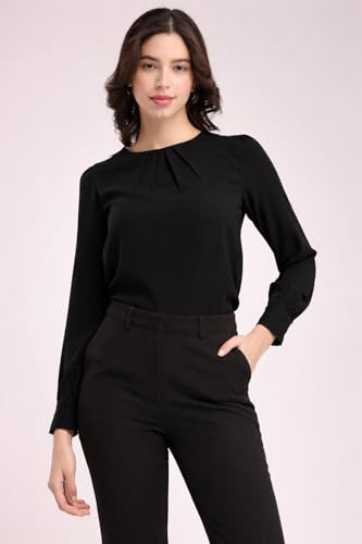 Image of Mirana Women's Full Sleeve Solid Top | Round Neck Pleated Front Regular Fit Office Casual Blouse with Button Cuffs