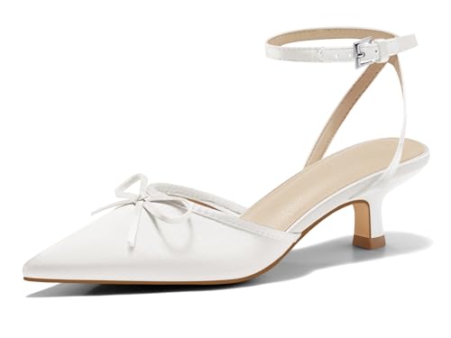 Image of Coutgo Satin Kitten Low Heels with Bow Closed Pointed Toe Short Pumps Dress Wedding Party Shoes