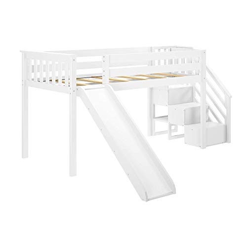 Max & Lily Low Loft Bed, Twin Bed Frame For Kids With Stairs And Slide, White & Cotton Underbed Curtains, Pink & White #TOP3