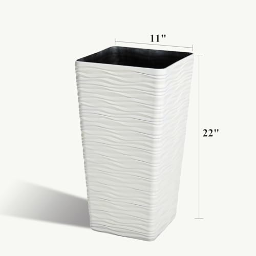 Worth Garden 22" Tall Planters Set of 2 - Plastic White Square Plant Pots - Modern Big Tapered Matte Wavy Tree Flower Pot for Indoor Outdoor Porch Deck