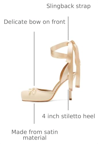 Image of Riekhany Satin Ballet Heels for Women Closed Square Toe Bow Ballerina Heels Lace Up High Heel Slingback Pumps Strappy Stiletto Mary Janes Elegant Party Shoes