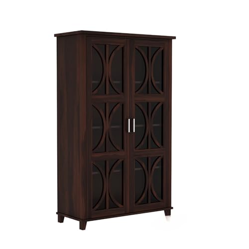 Image of Wooden Crockery Cabinets with Glass Door | Wooden Showcase Almirah | Solid Wood Book Shelf for Home Crockery Unit for Kitchen Living Room (Walnut Finish)