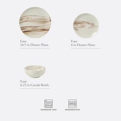 Image of Gibson Home Cloudlight 12 Piece Plates and Bowls Dishes Brown and White - Decorated Porcelain Ceramic Dinnerware Set - Service for 4