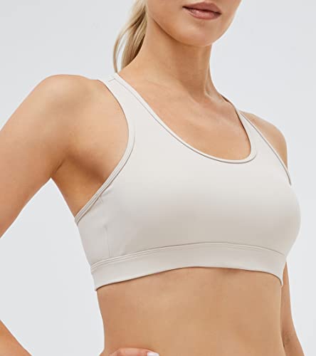 Image of Oalka Women's Racerback Sports Fitness Support Workout Running Bras Open Back Khaki Sand M