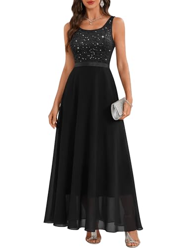 Image of BeryLove Sequin Dress for Woman Vintage A Line Wedding Formal Swing Mesh Dress Sleeveless Cocktail Maxi Gowns