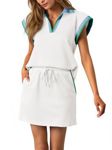 Fisoew Womens 2 Piece Skirt Set Summer Cap Sleeve Tops Matching Tennis Skirts Casual Color Block Vacation Outfits Lounge Sets